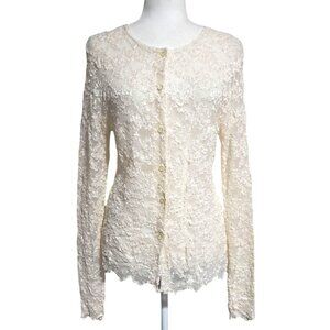 Vintage 80s Hu Hu Lace Ivory Lace Blouse Long Sleeve Button Front XL USA Made Bo